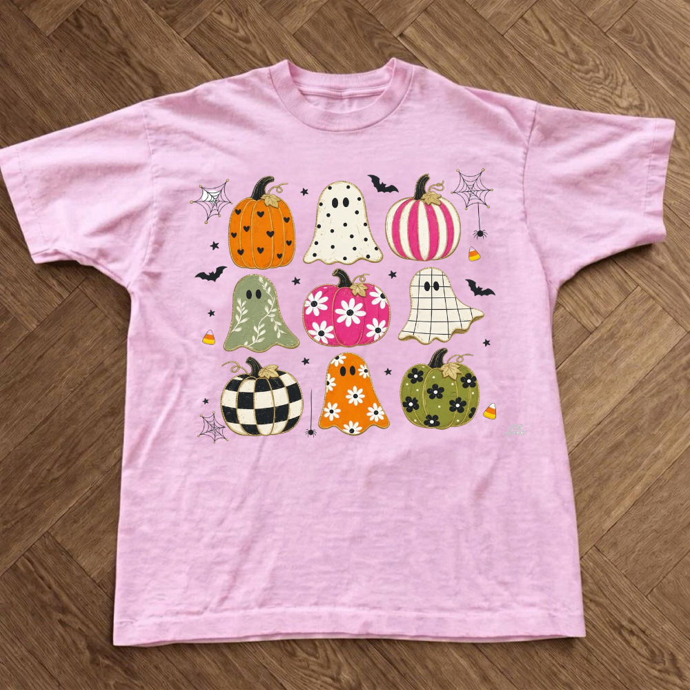 Pink Halloween Ghosts Pumpkins Floral Plaid Pattern T-Shirt